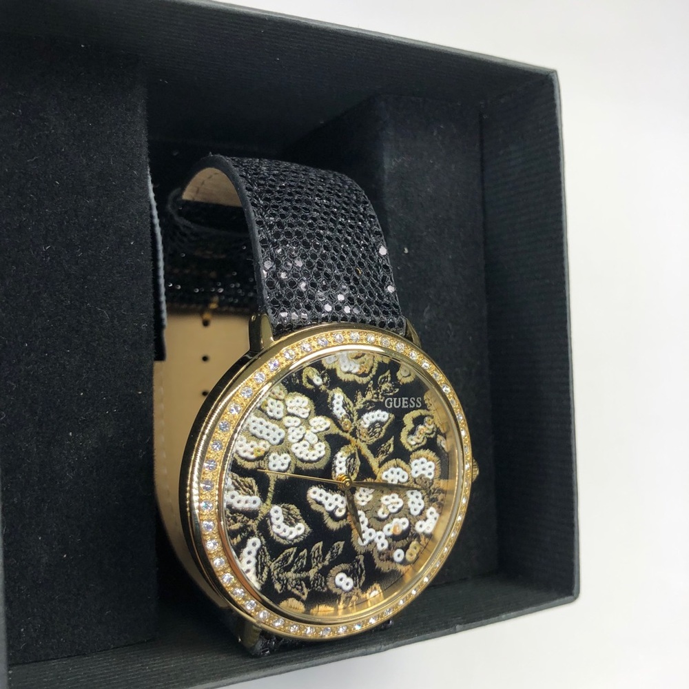 Guess Womens Sparkle Leather Watch, Black & Gold